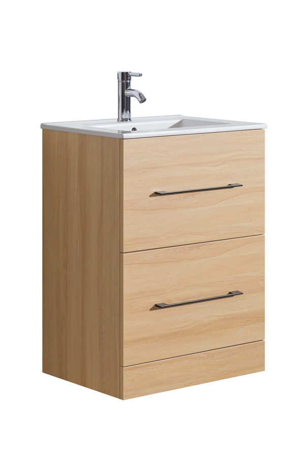 Oreo 600mm 2‑Drawer Oak Vanity Unit & Basin - Image 2