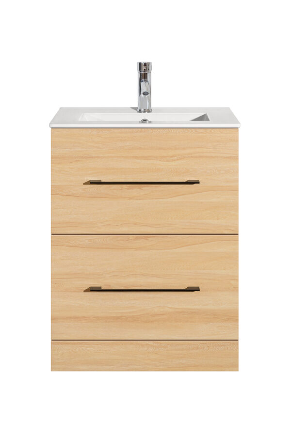 Oreo 600mm 2‑Drawer Oak Vanity Unit & Basin - Image 3